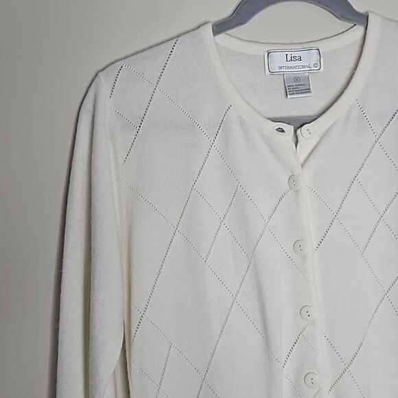 Vintage Lisa International Ivory Cartigan Button down Diamond pattern Small - Picture 4 of 9